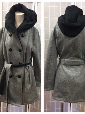 Sebby Gray Wool-Blend Hooded Belted Coatigan with Black Hood